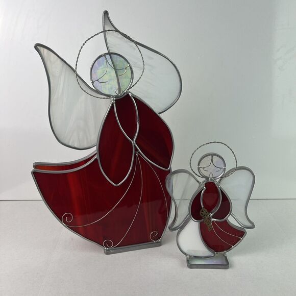 Vintage Stained Glass Angel Pair Artist Signed Cathy Holiday Christmas Religious - Picture 1 of 10